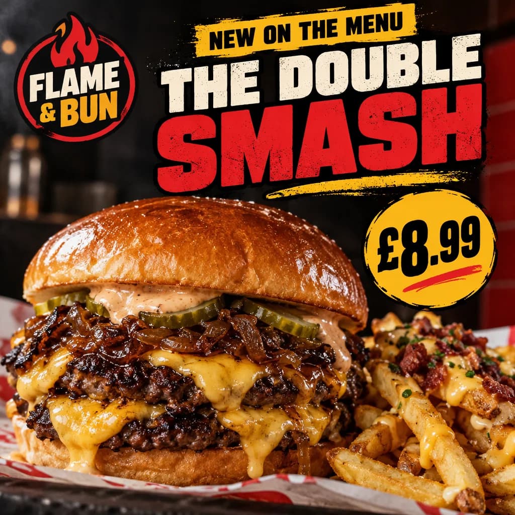 Example post for a burger takeaway: new on the menu, the Double Smash for £8.99