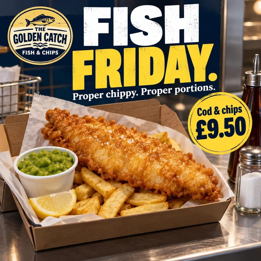Example post for a fish and chip shop: Fish Friday, cod and chips for £9.50