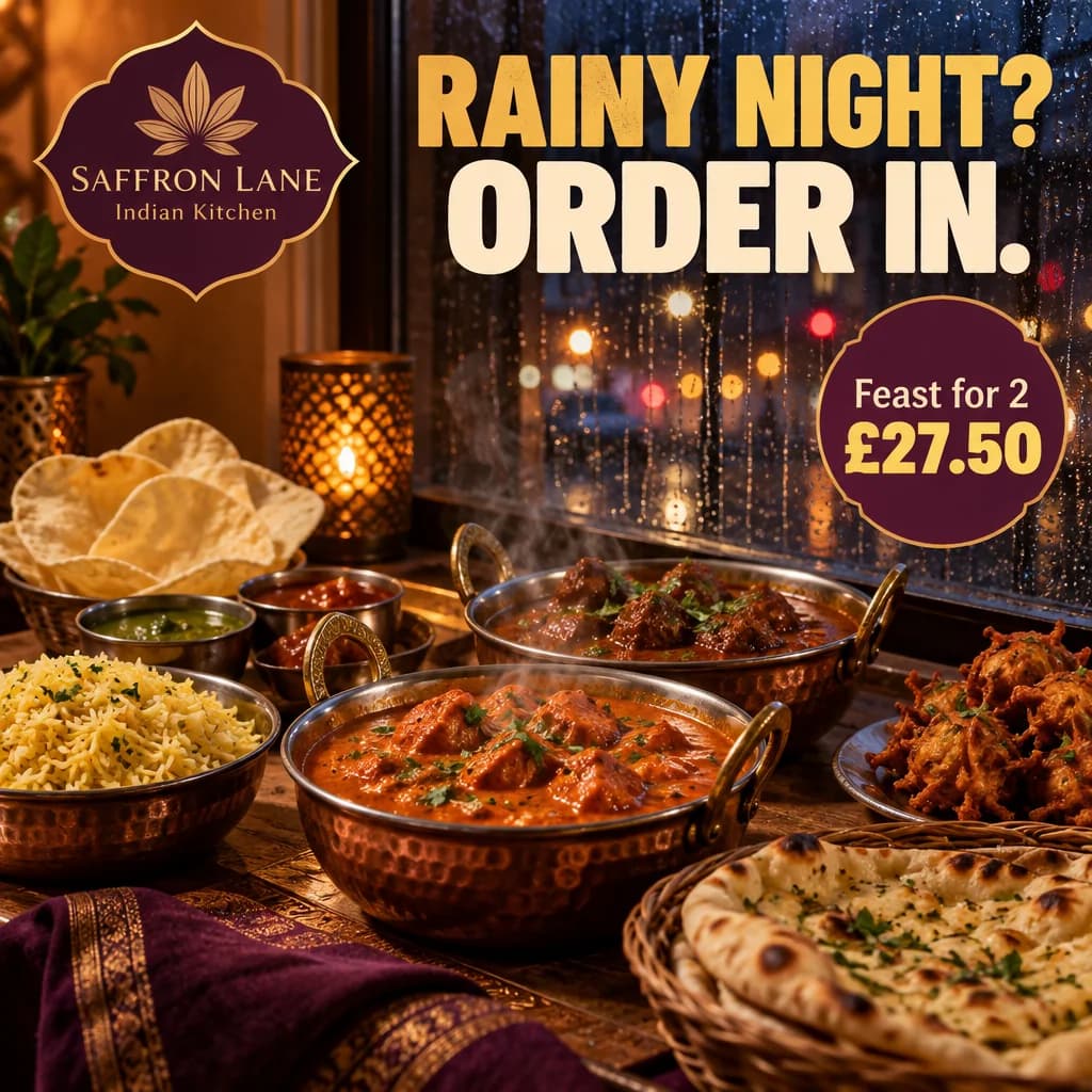 Example post for an Indian takeaway: rainy night, order in, feast for 2 for £27.50