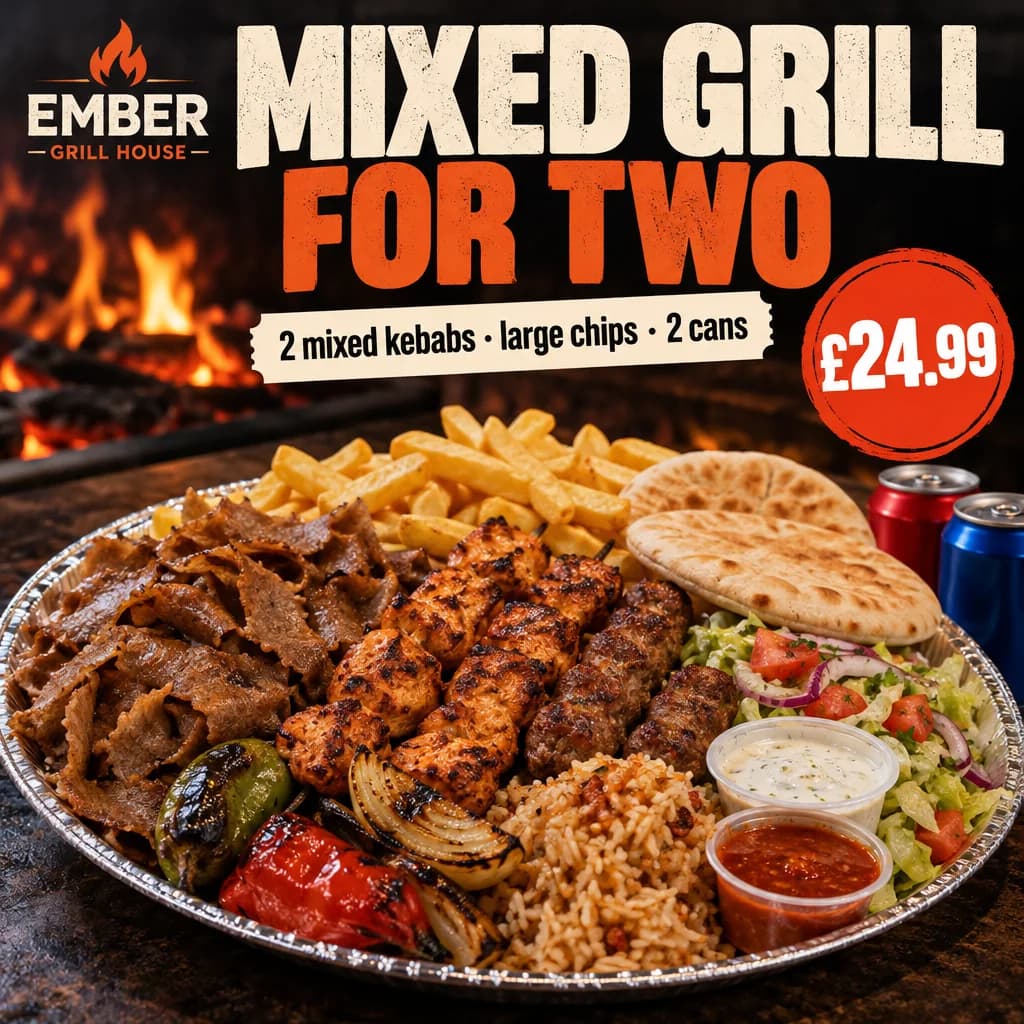 Example post for a grill takeaway: mixed grill for two, £24.99